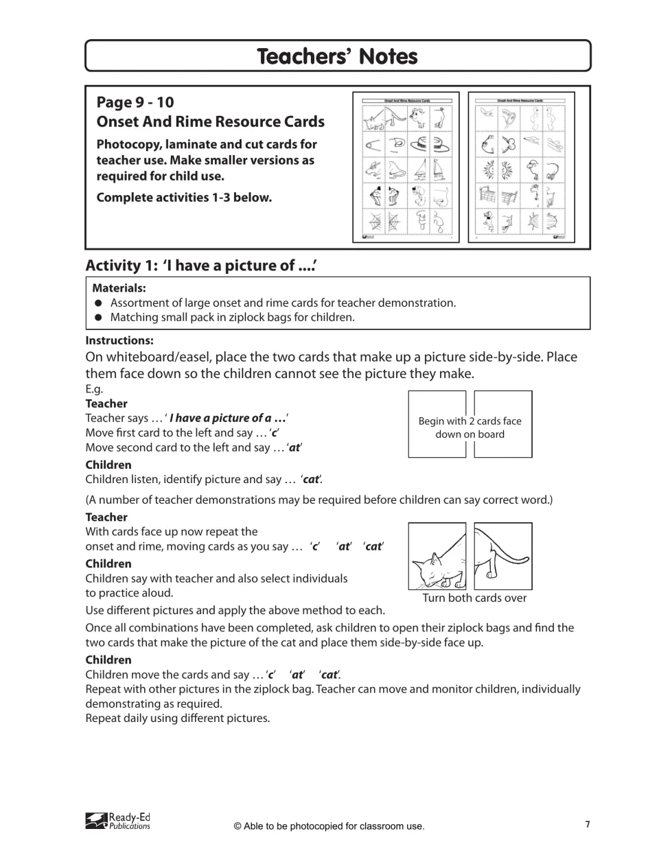 Teachers' notes for 'I have a picture of...': teacher says onset and rime of face-down cards, children blend c-at to cat