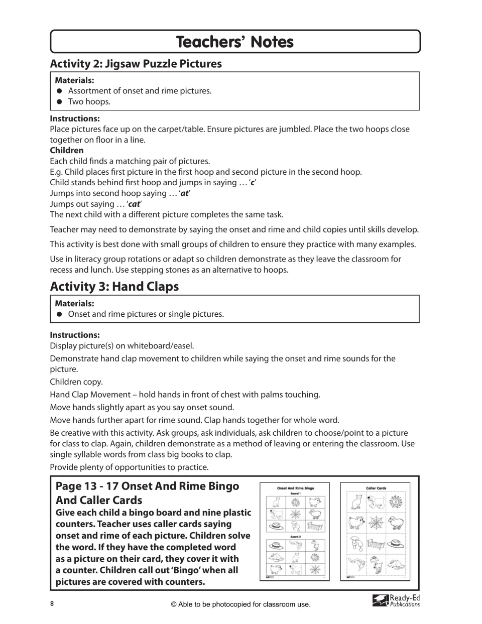 Teachers' notes for jigsaw hoop jumping and hand claps to say onset and rime, plus how to play onset and rime bingo