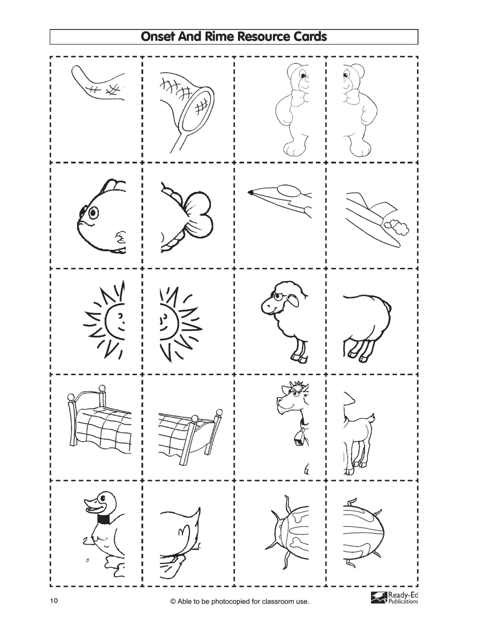 More onset and rime cards: net, bear, fish, jet, sun, sheep, bed, goat, duck and bug pictures cut in half for matching
