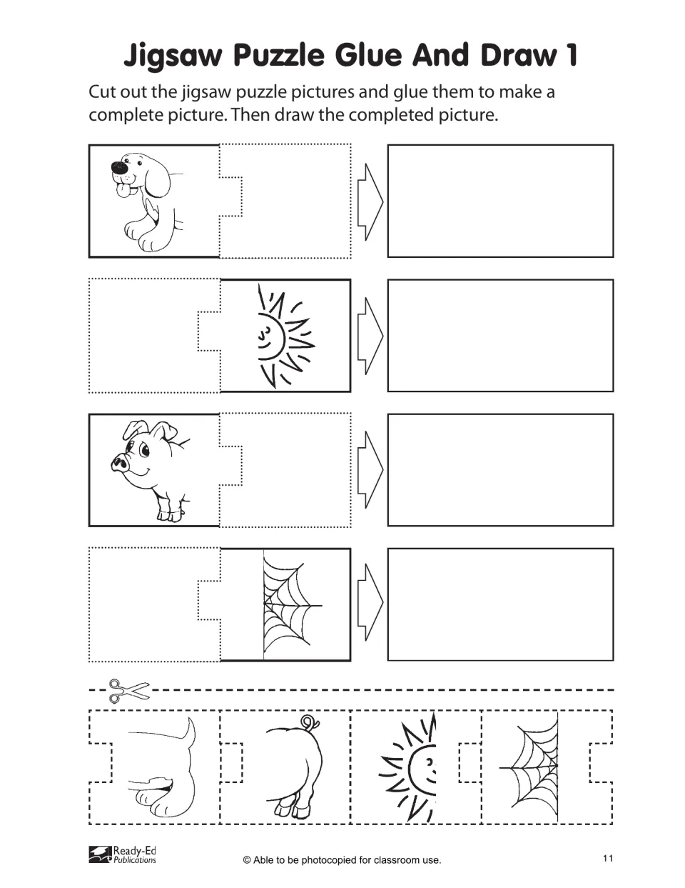 Jigsaw Puzzle Glue And Draw 1: students cut out dog, pig, sun and web halves, glue each to its match, then draw it