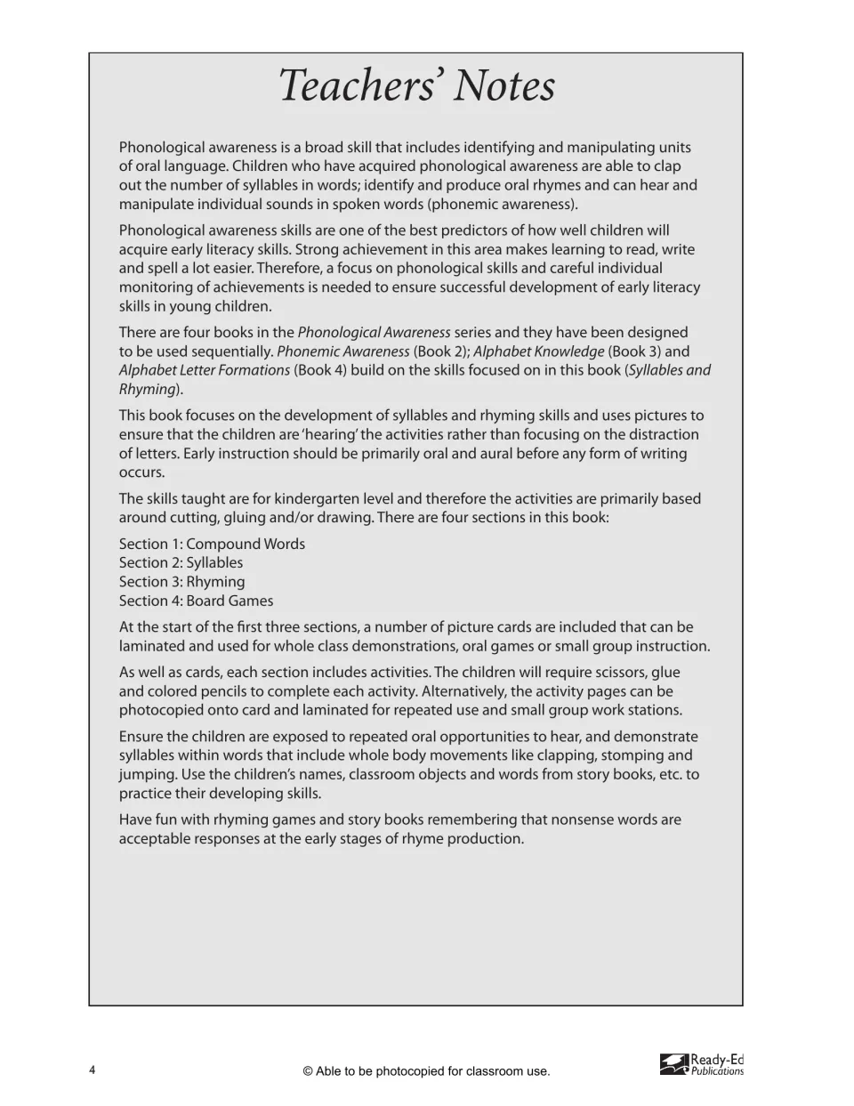 Teachers' Notes on phonological awareness: the four-book series, oral picture activities and cut, glue and draw tasks