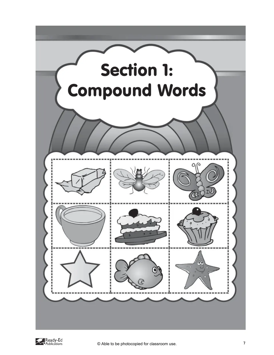 Section 1: Compound Words divider showing butter, fly, butterfly, cup, cake, cupcake, star, fish and starfish pictures