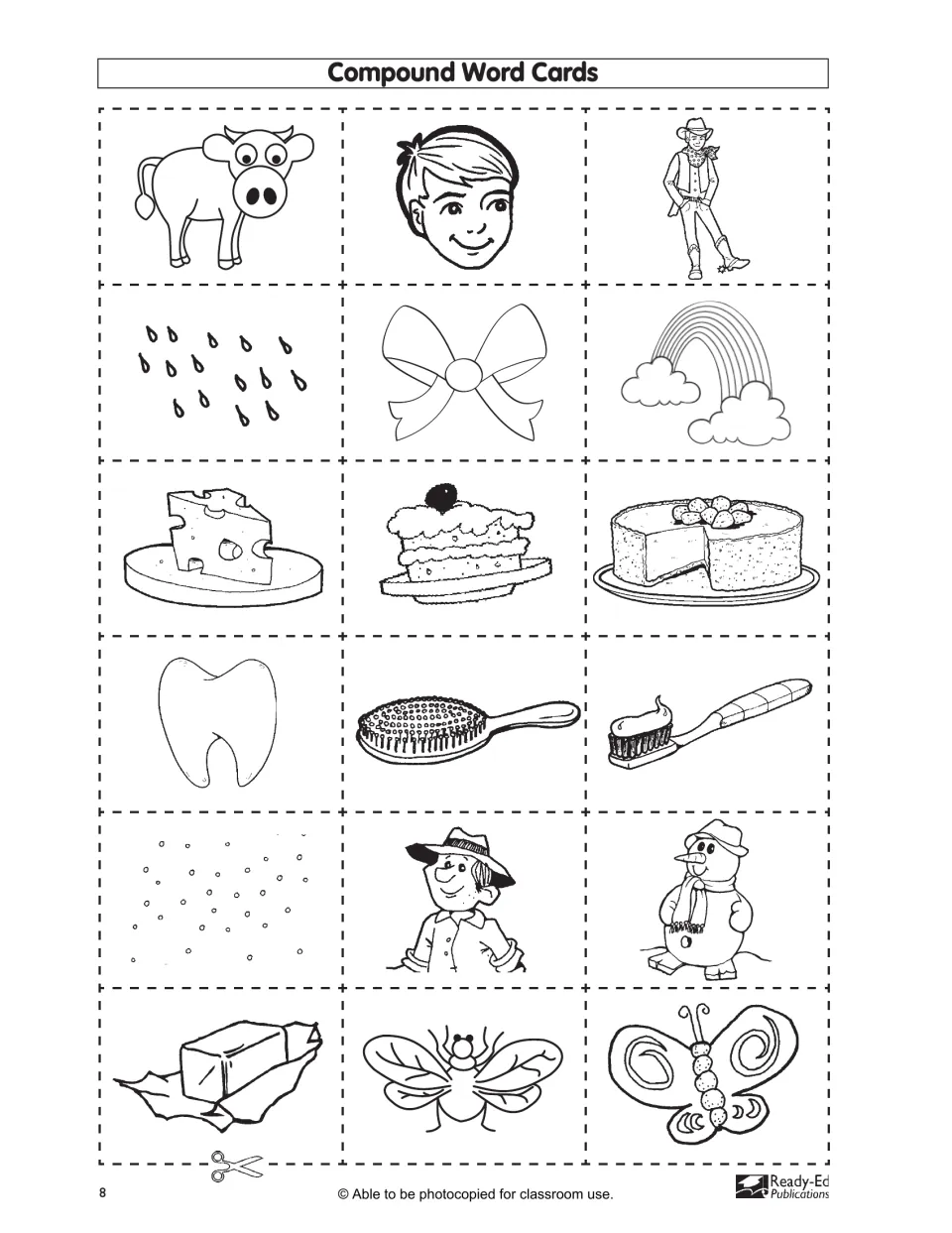 Compound word cards to cut out: cow, boy, cowboy, rain, bow, rainbow, cheesecake, toothbrush, snowman and butterfly