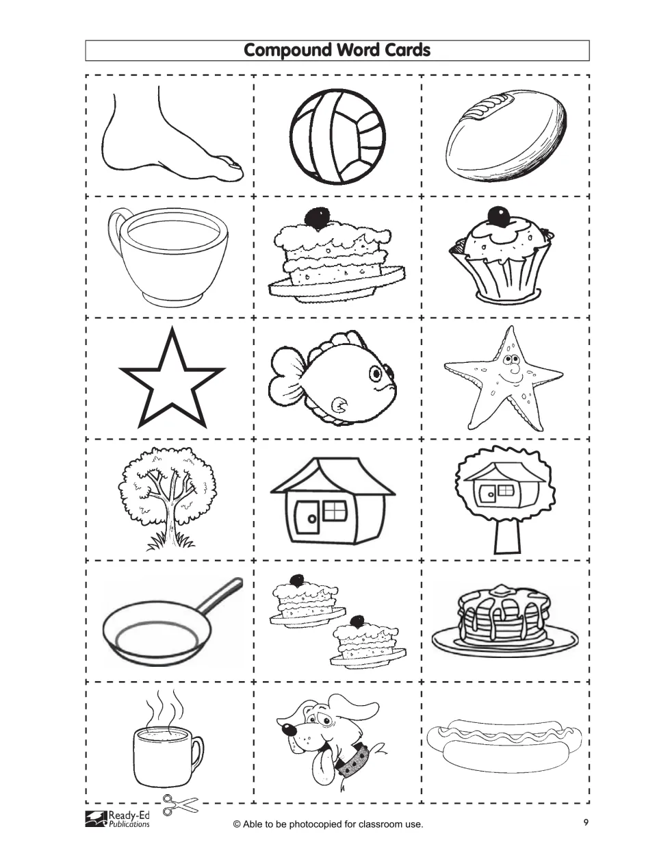 Compound word picture cards for football, cupcake, starfish, treehouse, pancakes and hotdog, shown with both parts