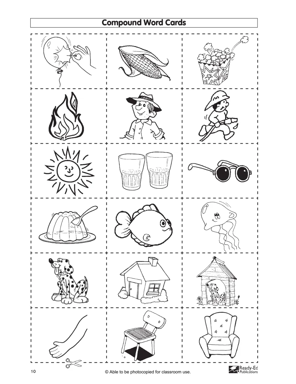 Compound word picture cards for popcorn, fireman, sunglasses, jellyfish, doghouse and armchair, shown with both parts