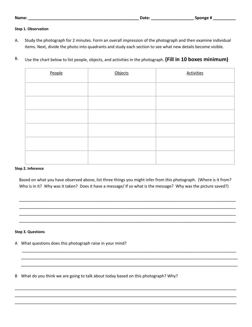 Photo analysis in 3 steps: students list people, objects and activities, infer three things, then pose questions