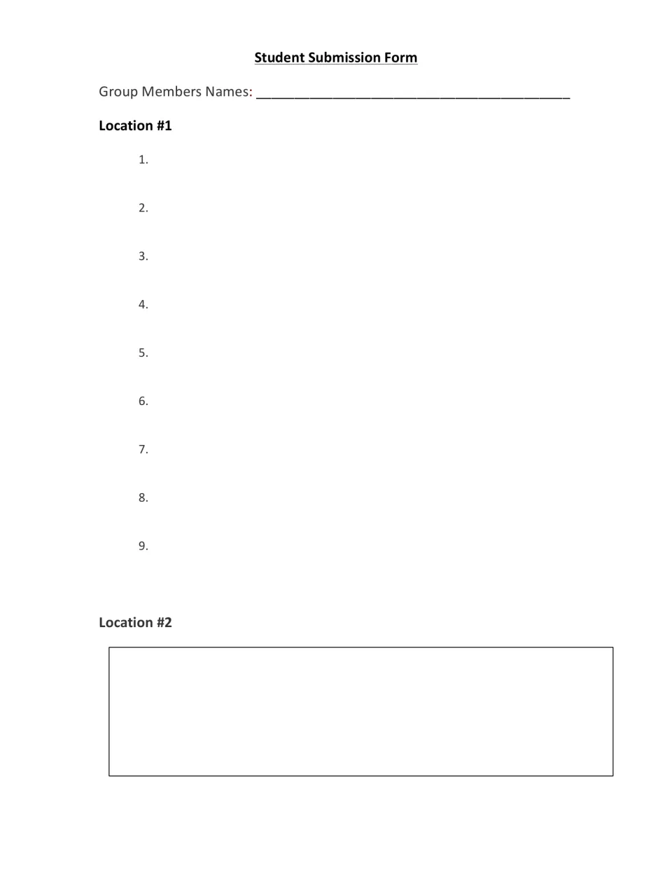 Student submission form: groups write member names, answers 1 to 9 for Location #1 and a written response for Location #2