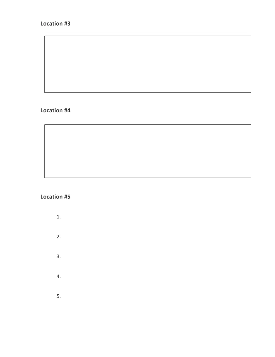 Submission form continued: answer spaces for Location #3 and #4 responses, plus numbered answers 1 to 5 for Location #5
