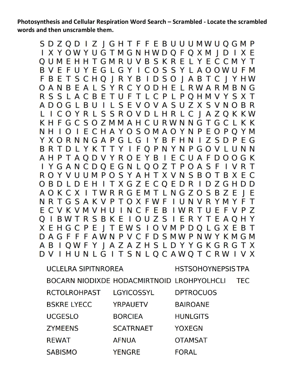 Scrambled science word search: find and unscramble 25 terms, including HSTSOHOYNEPSIS and BOCARN NIODIXDE