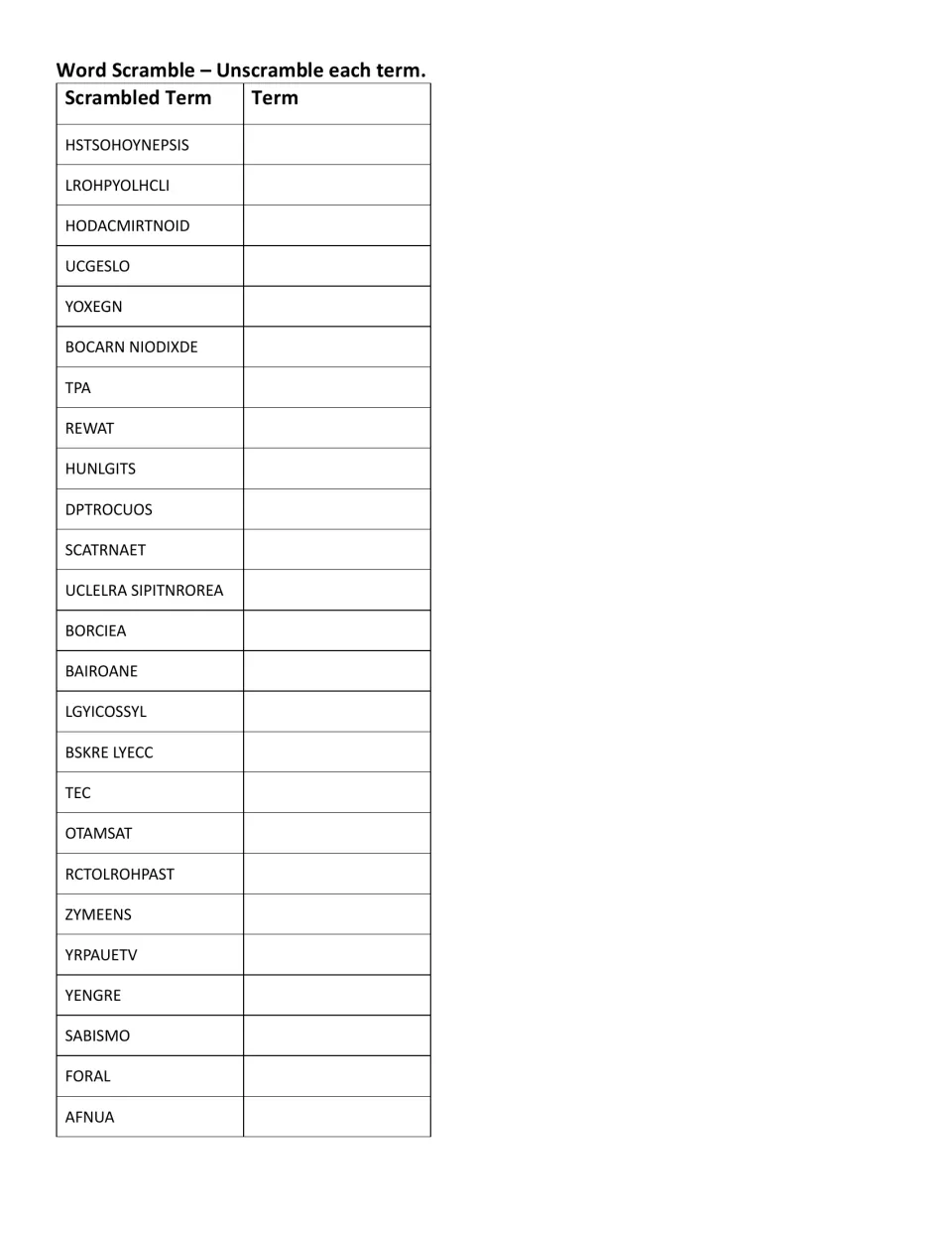 Word scramble practice for 25 science terms, including UC GESLO written as UCGESLO, TPA, REWAT, and YOXEGN