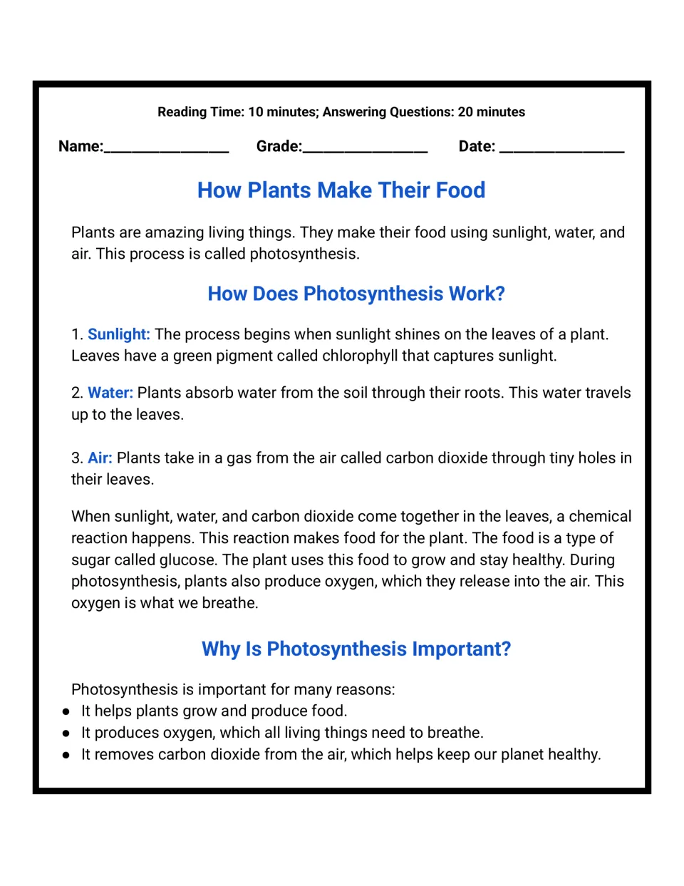 Photosynthesis reading passage: students read how plants use sunlight, water and carbon dioxide to make glucose and oxygen