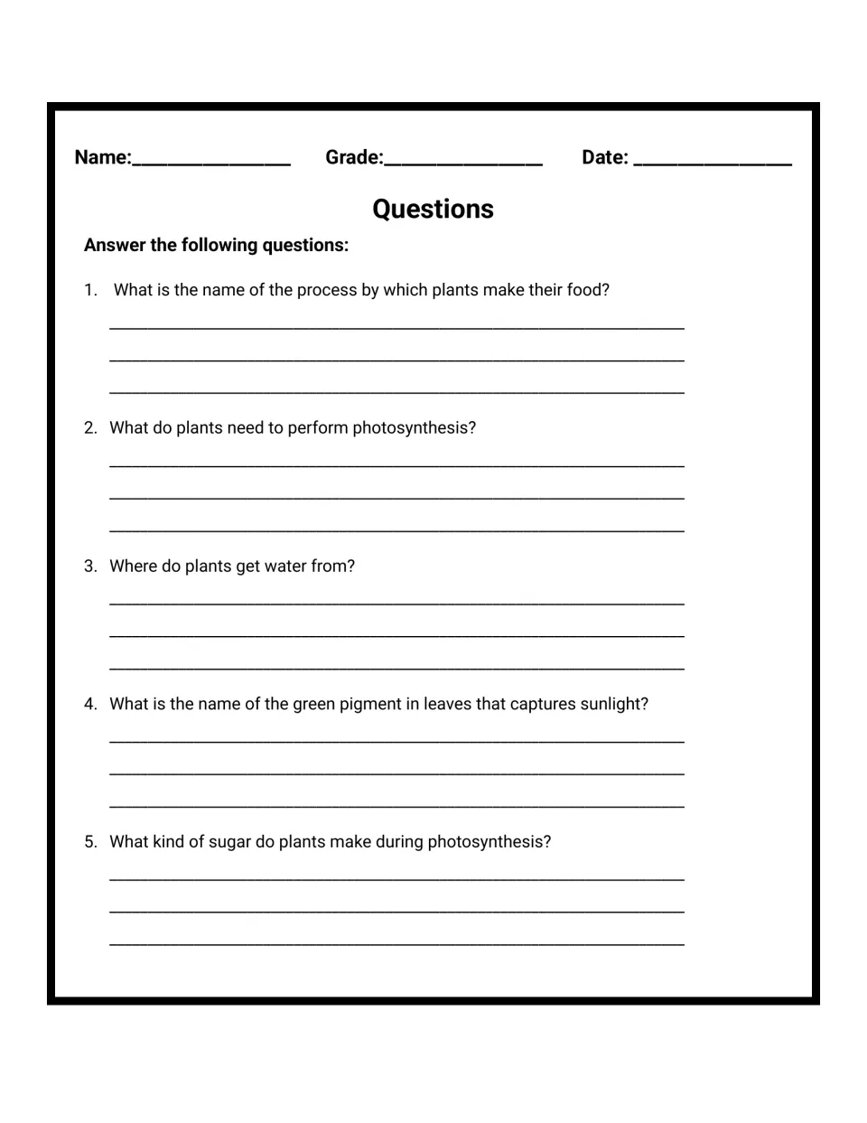 Photosynthesis comprehension questions 1-5: students write answers on chlorophyll, glucose and where plants get water