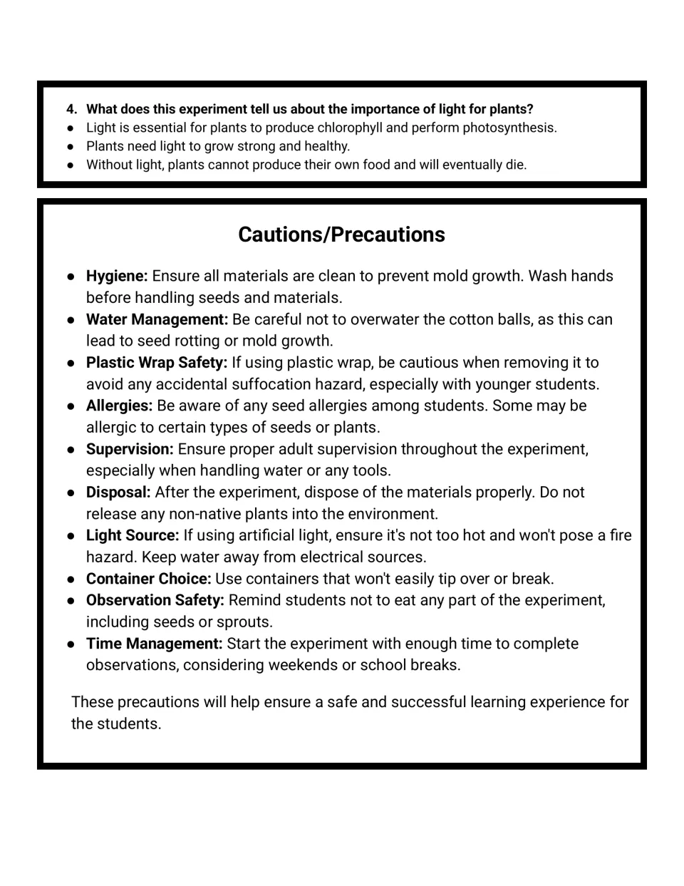 Experiment safety cautions on hygiene, overwatering, plastic wrap, allergies and supervision, after answers to question 4