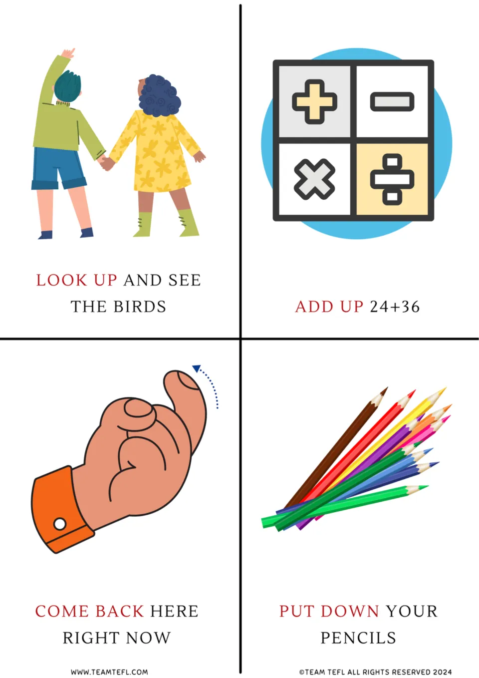 Phrasal verb flashcards: look up, add up, come back and put down, each shown in a sentence with a matching illustration