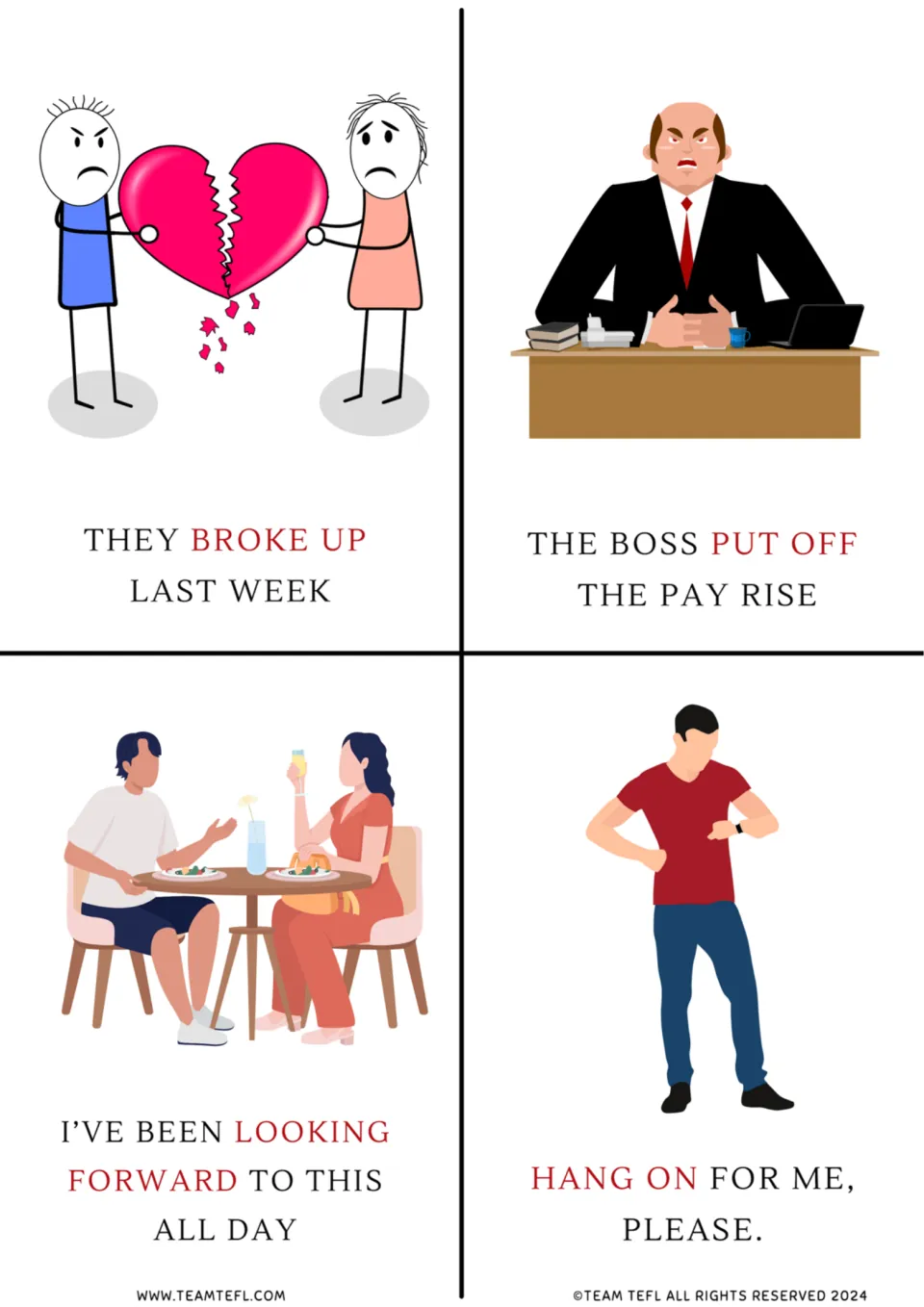Phrasal verb flashcards: broke up, put off, looking forward to and hang on, each used in a sentence beside a picture
