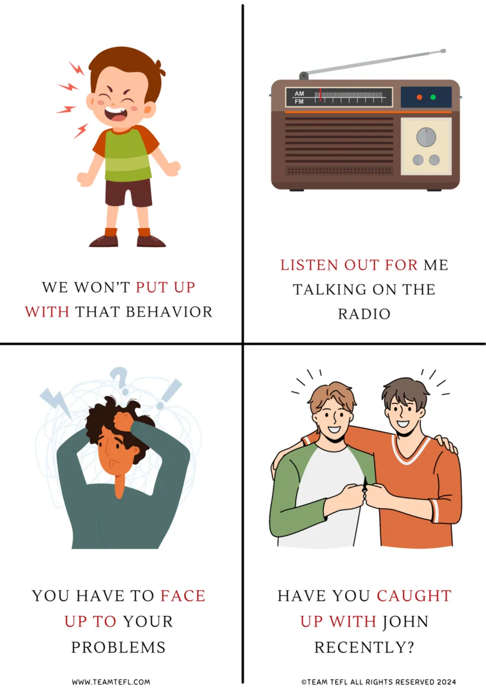 Three-word phrasal verbs: put up with, listen out for, face up to and caught up with, each in an illustrated sentence