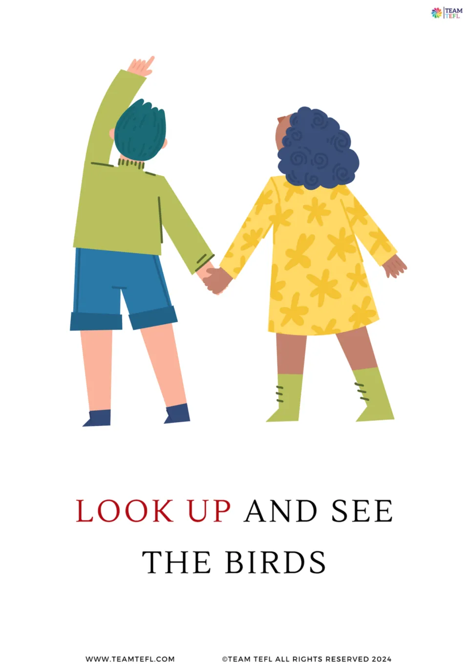 Full-page flashcard for "look up": two children pointing at the sky above the sentence "Look up and see the birds"