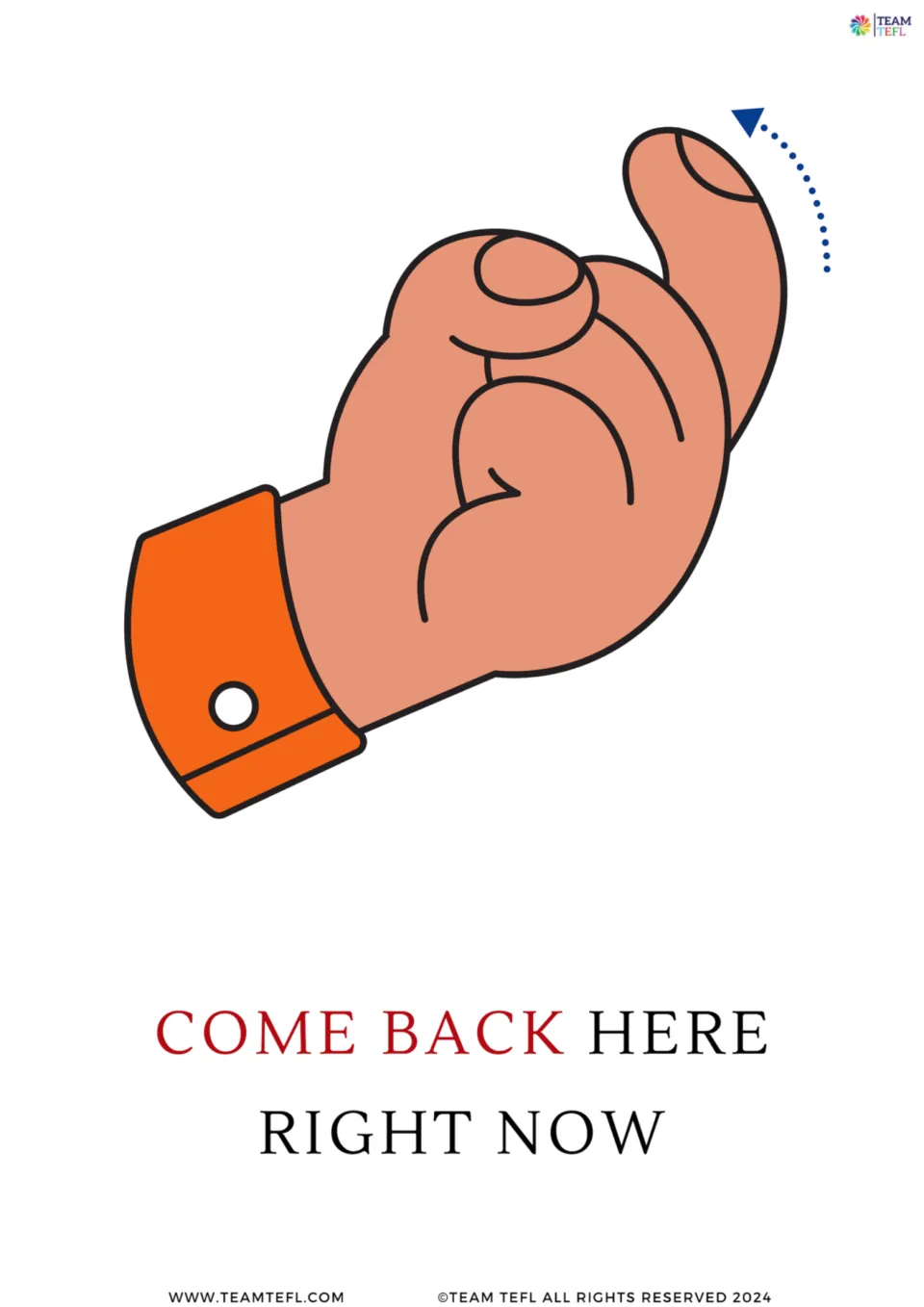 Full-page flashcard for "come back": a beckoning hand gesture above the sentence "Come back here right now"