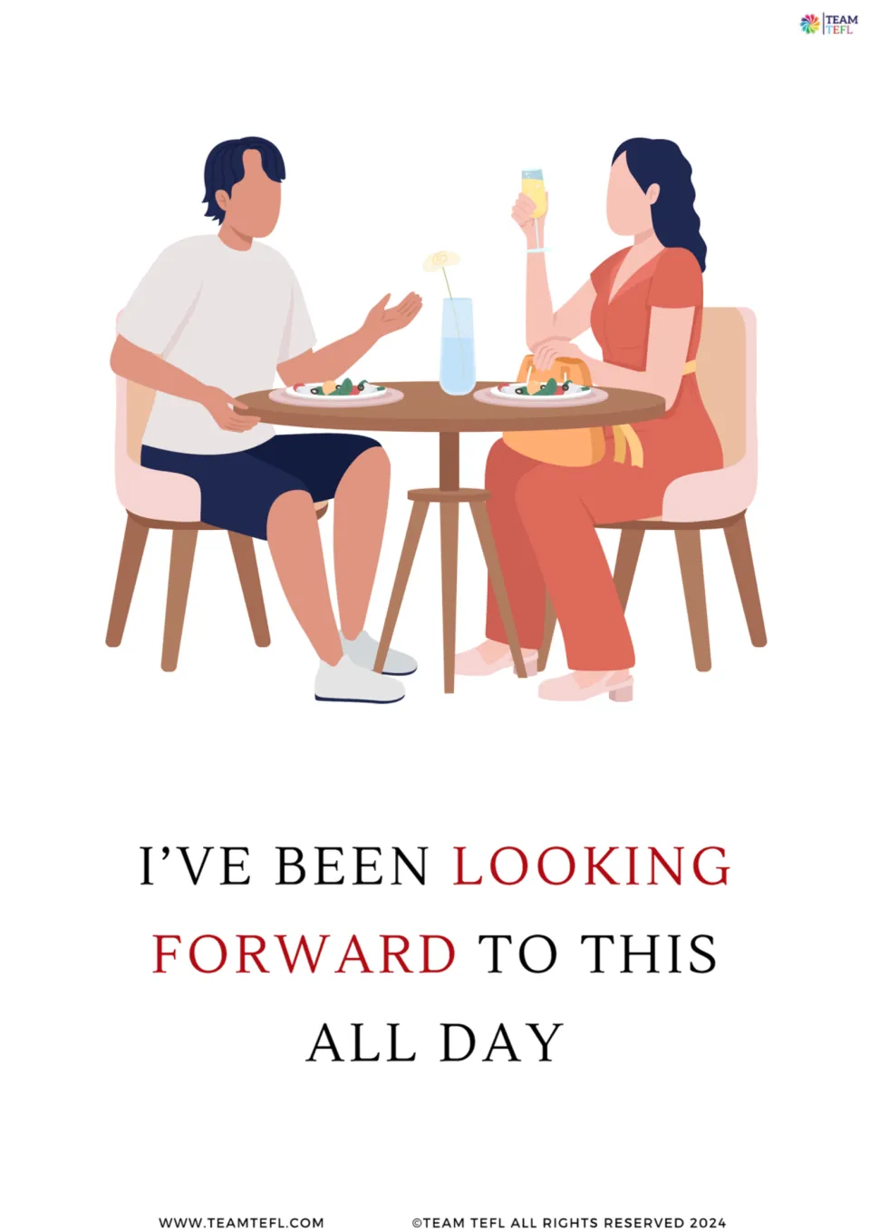 Full-page flashcard for "look forward to": a couple at dinner above "I've been looking forward to this all day"