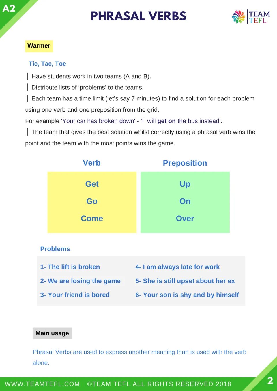 Tic, Tac, Toe warmer: teams solve six problems like 'The lift is broken' using get, go or come with up, on or over