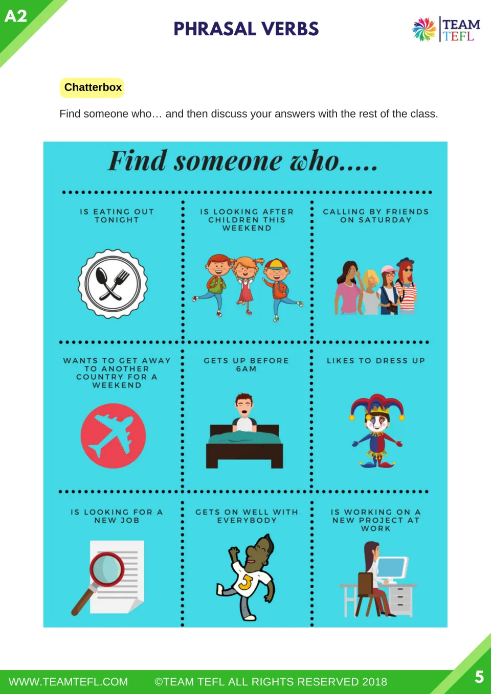 Chatterbox Find someone who survey: students ask classmates about gets up before 6AM and is looking for a new job