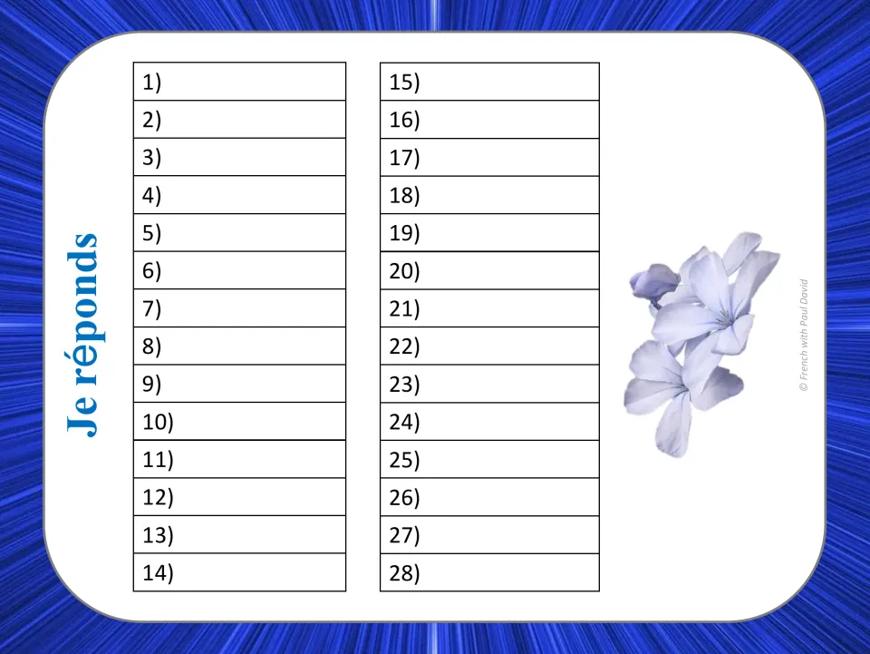 Je réponds answer sheet: students write neutre or emphatique beside numbers 1 to 28 to record a response for each card