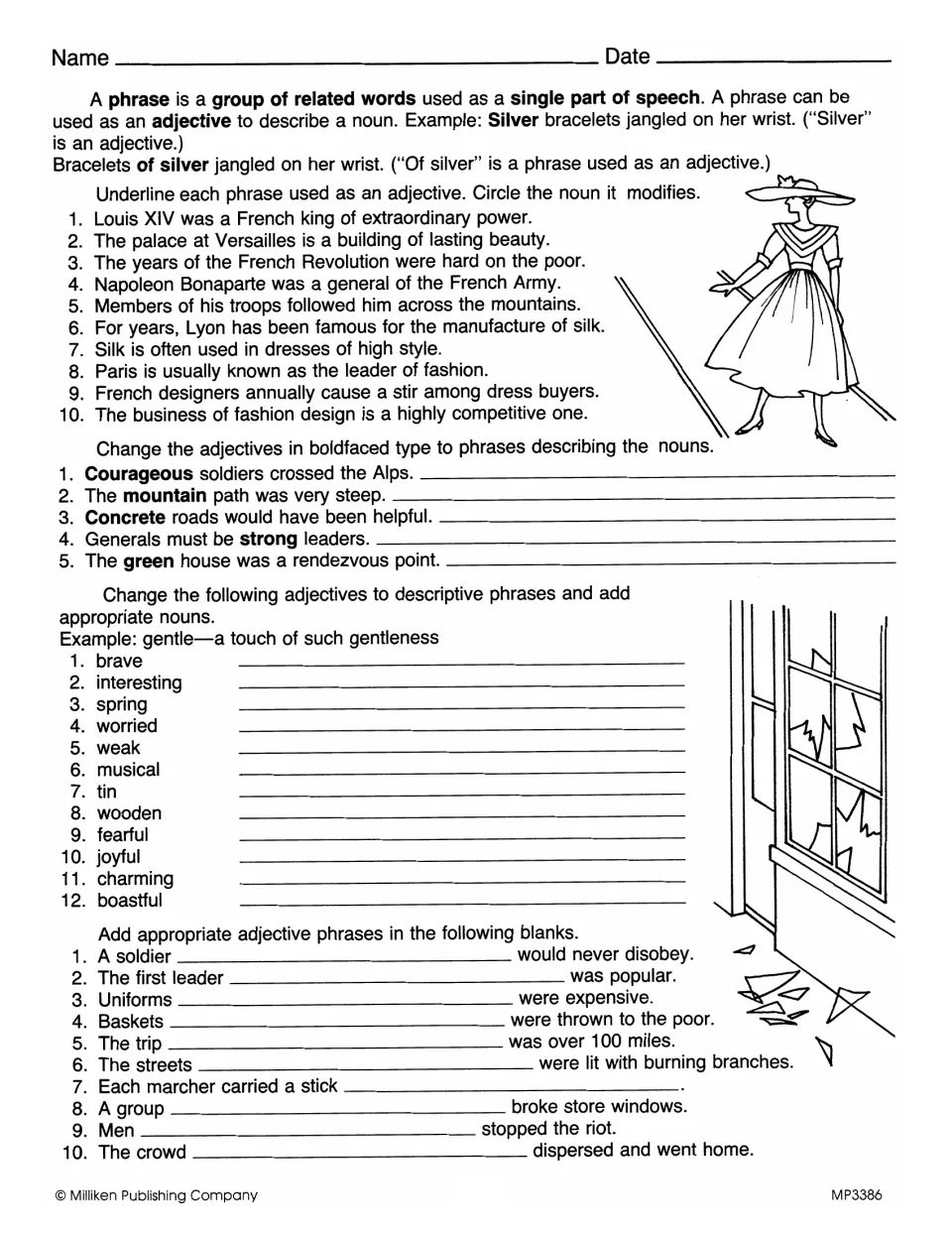 Adjective phrases: students underline phrases in French history sentences, circle nouns, and turn adjectives into phrases