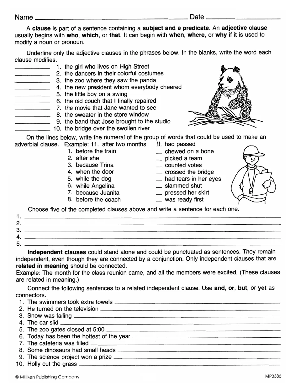 Adjective and adverbial clauses: students underline clauses, match parts, and join sentences with and, or, but, yet