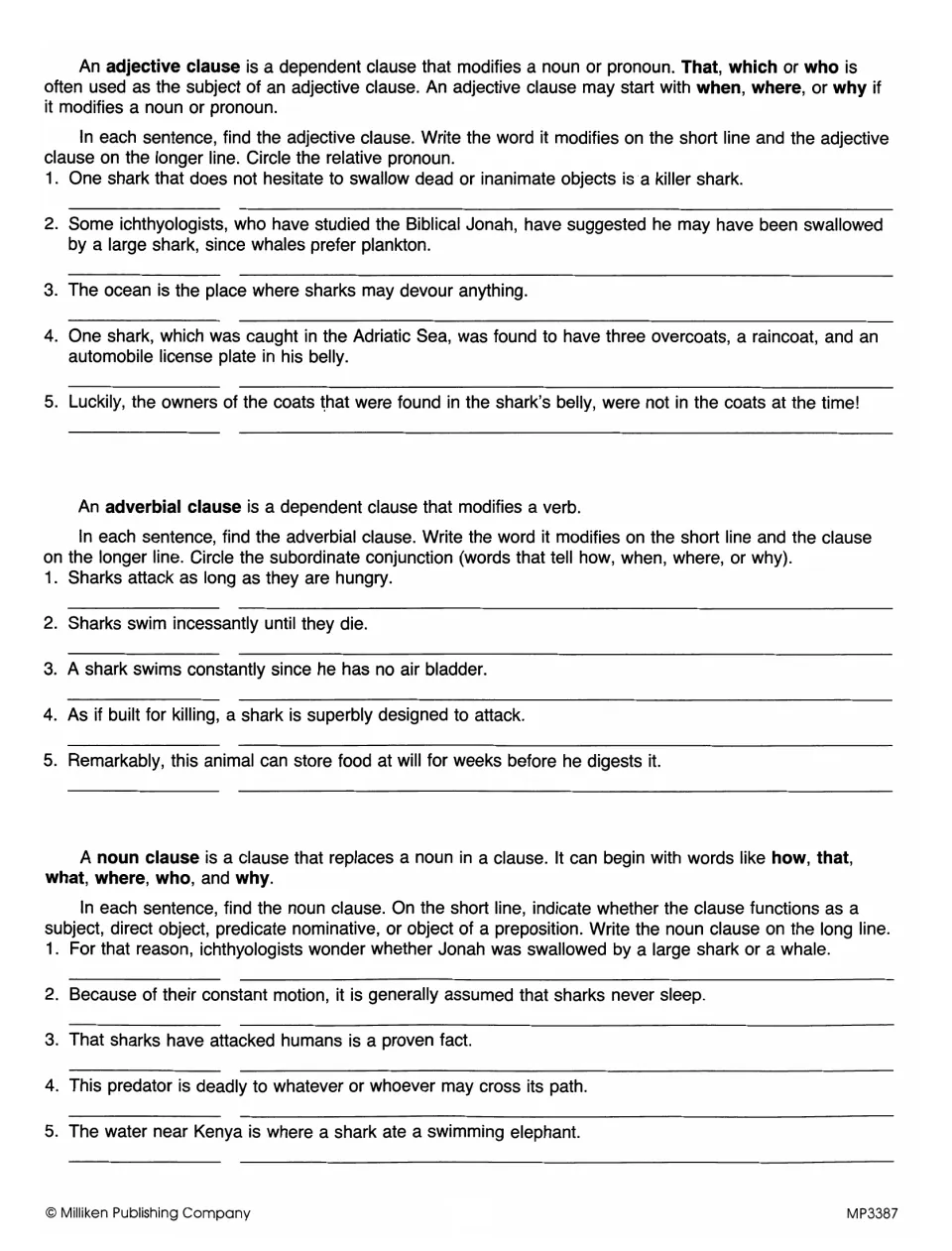Adjective, adverbial and noun clauses about sharks: students write each clause and the word it modifies or its role