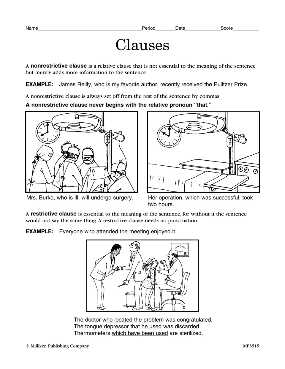 Clauses: students read nonrestrictive and restrictive clause rules and comma use, with illustrated hospital examples