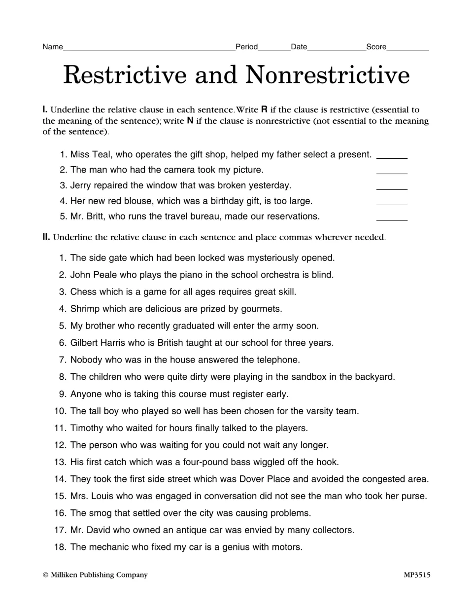 Restrictive and nonrestrictive clauses: students underline relative clauses, mark R or N, and add commas where needed