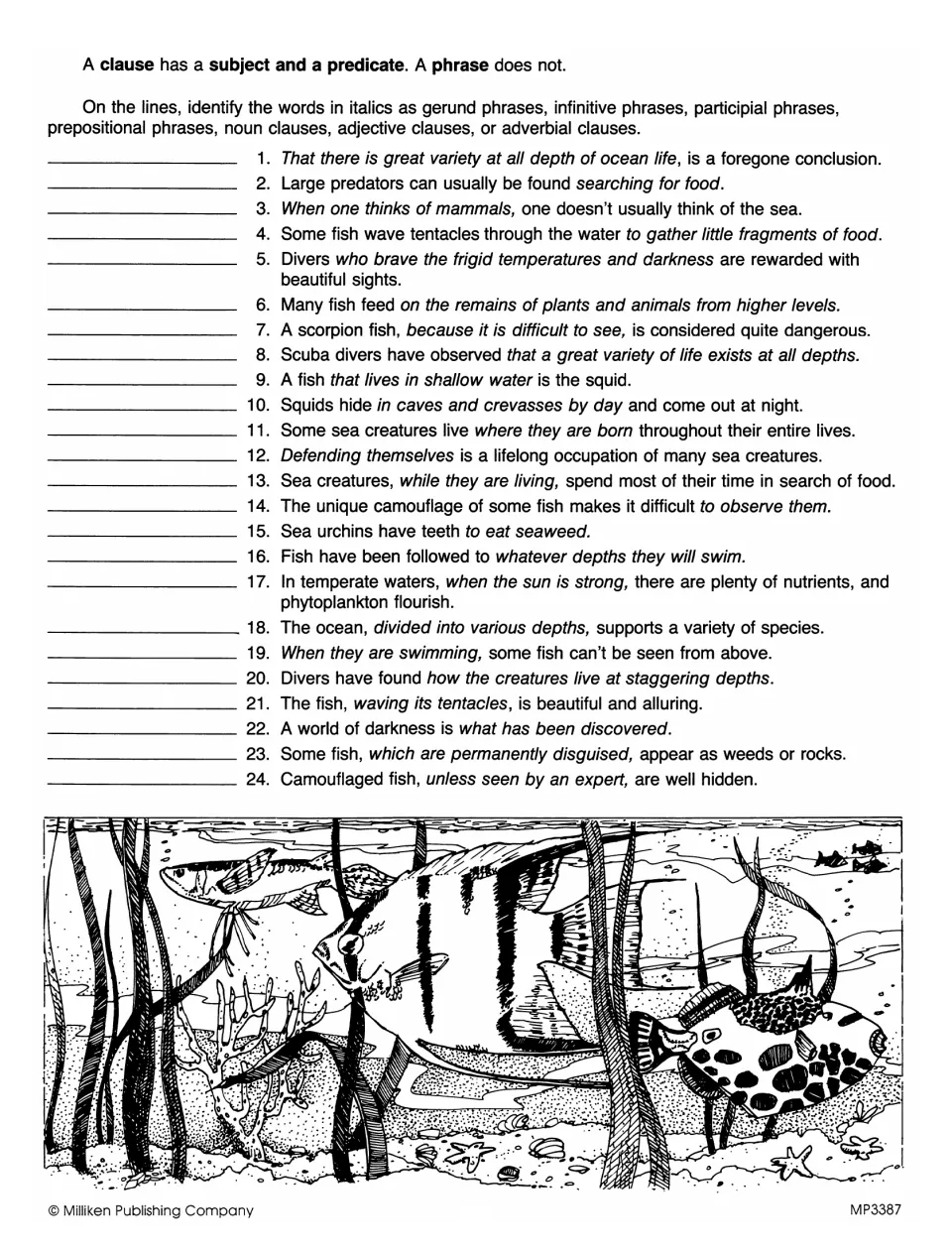 Phrase and clause types in ocean sentences: students label 24 italic parts, from gerund phrases to adverbial clauses