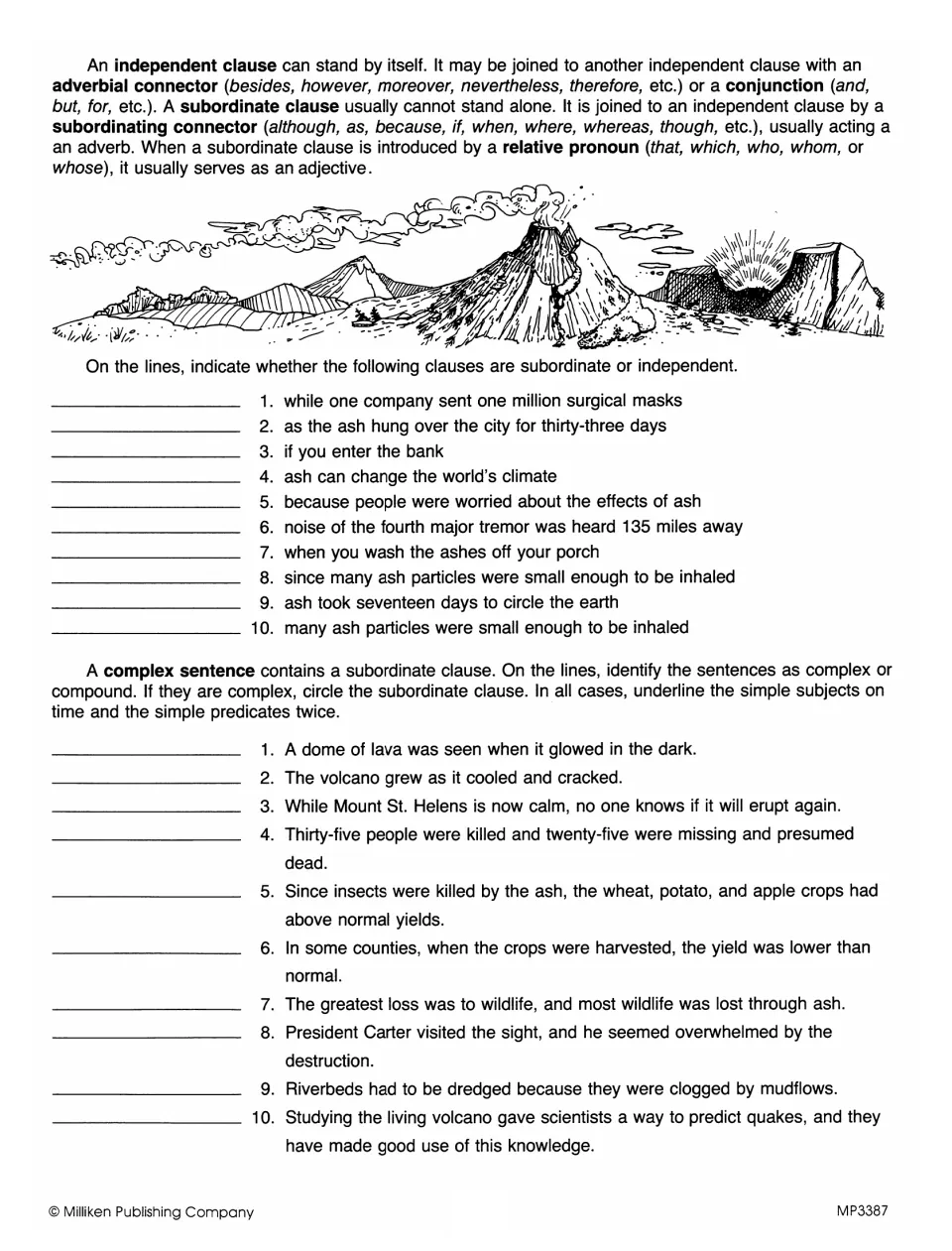 Independent and subordinate clauses about Mount St. Helens: students label clauses, then mark sentences complex or compound