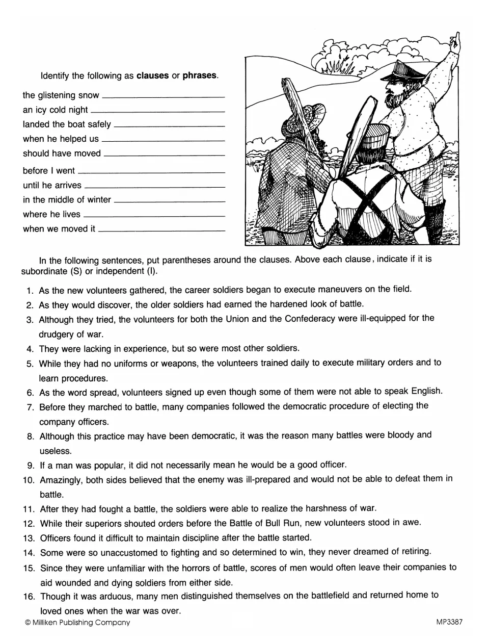 Civil War volunteers theme: students sort 10 word groups as clauses or phrases, then bracket clauses and mark them S or I