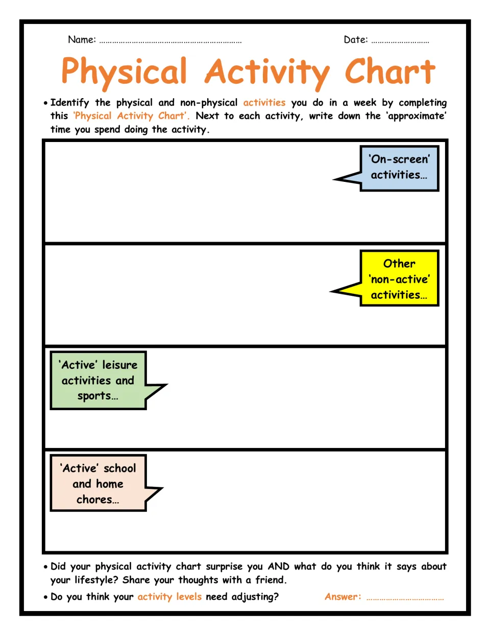 Weekly activity log: students list on-screen, non-active, active leisure and chore activities with times, then reflect