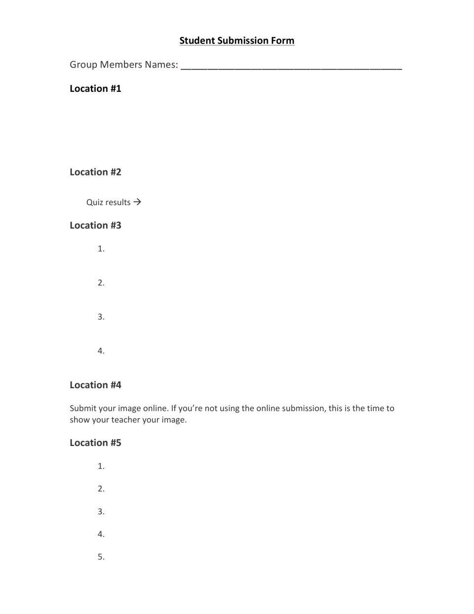 Student Submission Form: groups list member names and record answers for Locations 1 to 5, including quiz results
