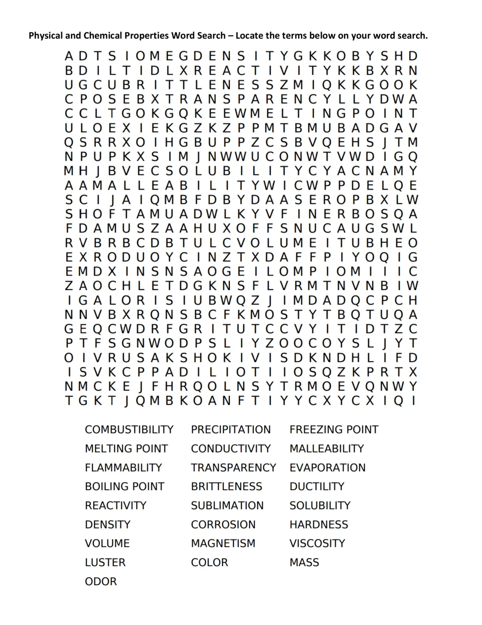 Physical and chemical properties word search: students find 25 terms such as density, luster, solubility and flammability