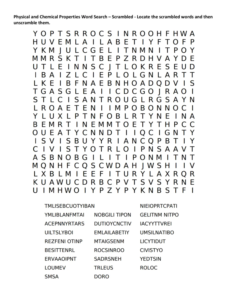 Scrambled word search: students find 25 scrambled property terms like SMSA and LOUMEV in the grid, then unscramble them