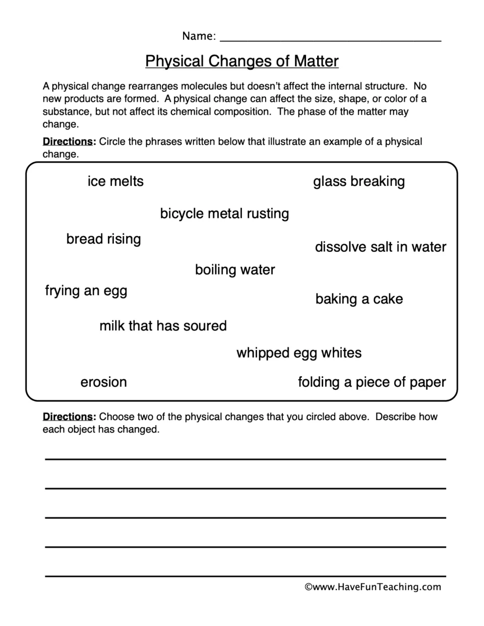 Physical changes of matter: students circle examples such as ice melts and glass breaking, then describe two in writing