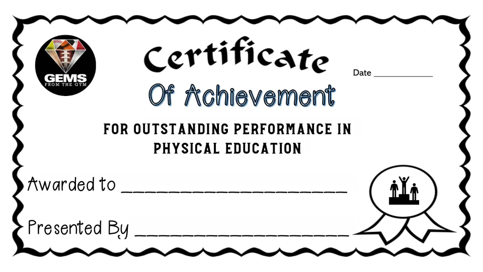 Achievement certificate 1 of 10 for outstanding performance in physical education, with recipient and date.