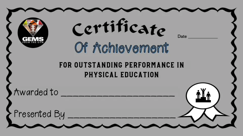 Achievement certificate 2 of 10 for outstanding performance in physical education, with recipient and date.