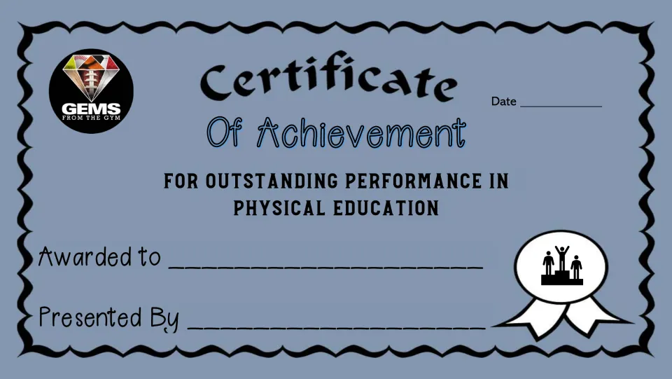 Achievement certificate 3 of 10 for outstanding performance in physical education, with recipient and date.