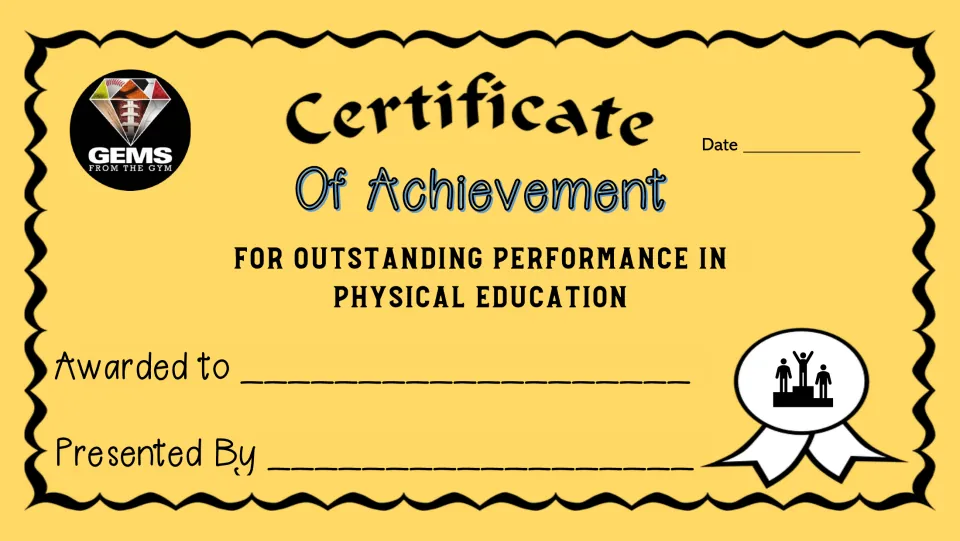Achievement certificate 4 of 10 for outstanding performance in physical education, with recipient and date.