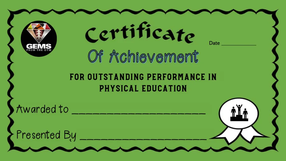 Achievement certificate 5 of 10 for outstanding performance in physical education, with recipient and date.
