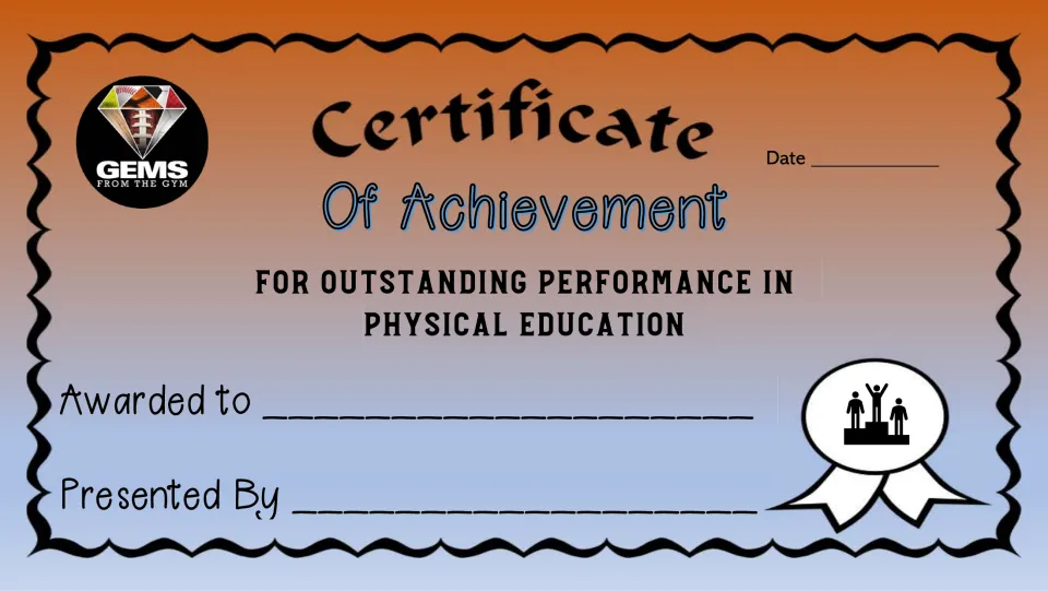 Achievement certificate 6 of 10 for outstanding performance in physical education, with recipient and date.