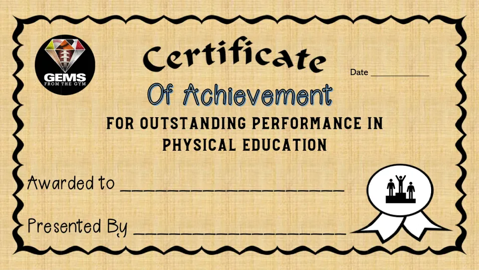 Achievement certificate 8 of 10 for outstanding performance in physical education, with recipient and date.