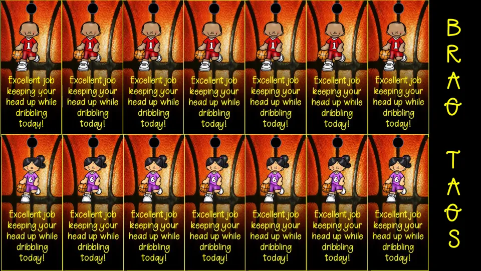 Color dribbling tags: 14 boy and girl tags reading 'Excellent job keeping your head up while dribbling today!'