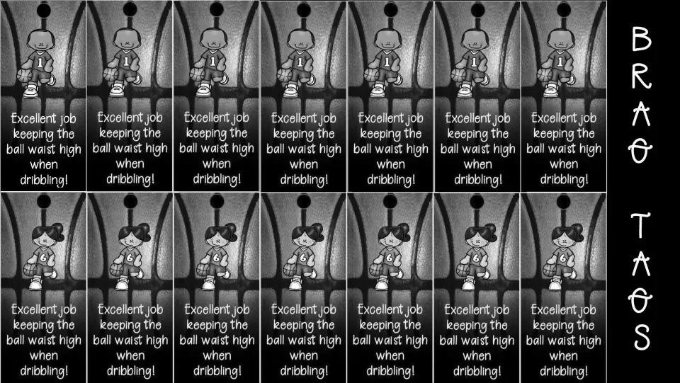 Grayscale dribbling tags: 14 boy and girl tags reading 'Excellent job keeping the ball waist high when dribbling!'
