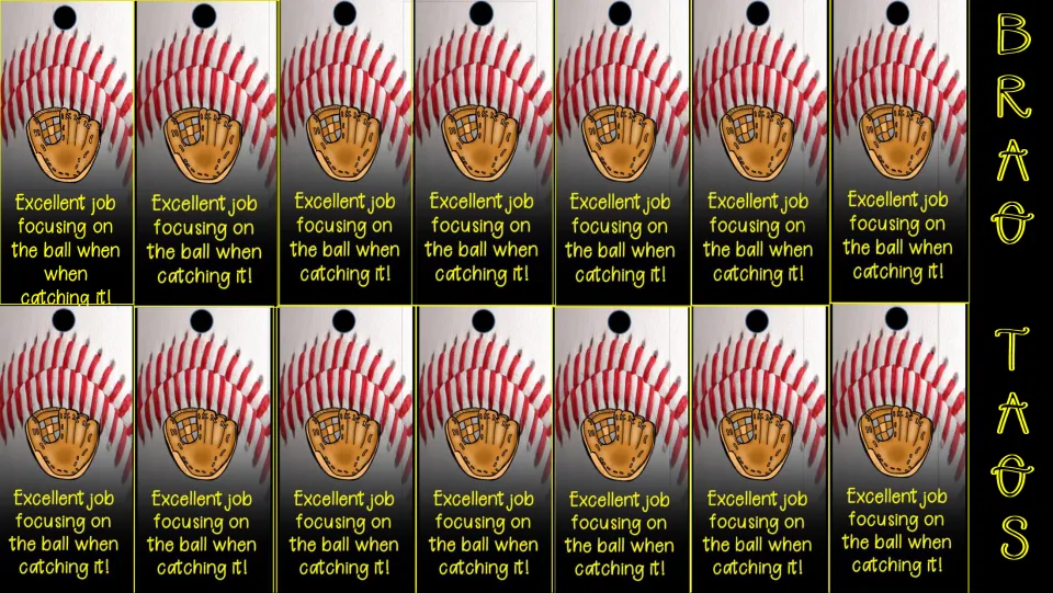 Catching cue tags in color: 14 baseball-glove tags reading 'Excellent job focusing on the ball when catching it!'