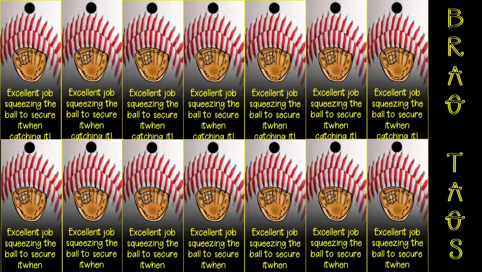 Catching cue tags in color: 14 glove tags praising squeezing the ball to secure it, text printed as 'itwhen' and cut off